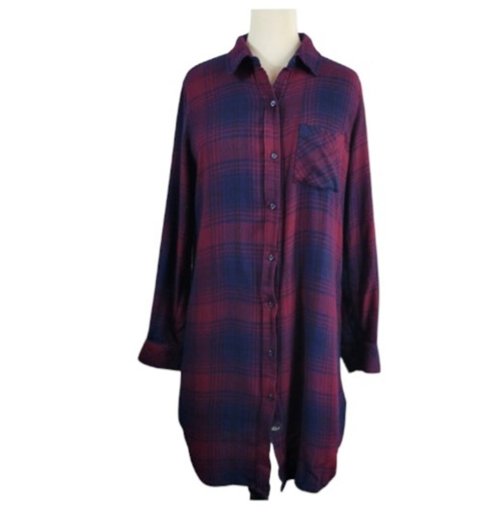 Rails Bianca Shirt Dress Flannel Plaid Rayon Button Up Burgundy Navy Small